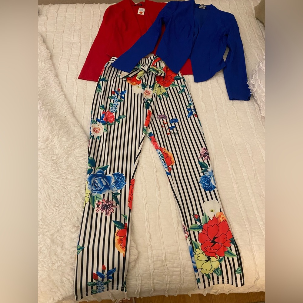 Vibrant Floral Striped Wide Leg Pants with Matching Blazers